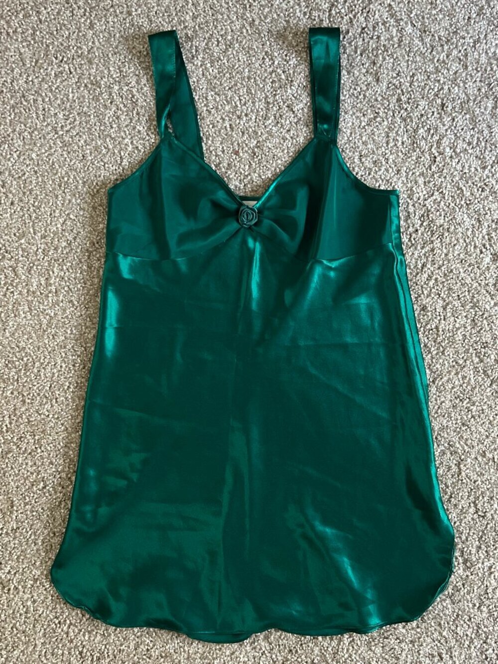 Vintage Emerald Satin V-Neck Sleeveless Nightgown Chemise Mini Slip Dress XS/S